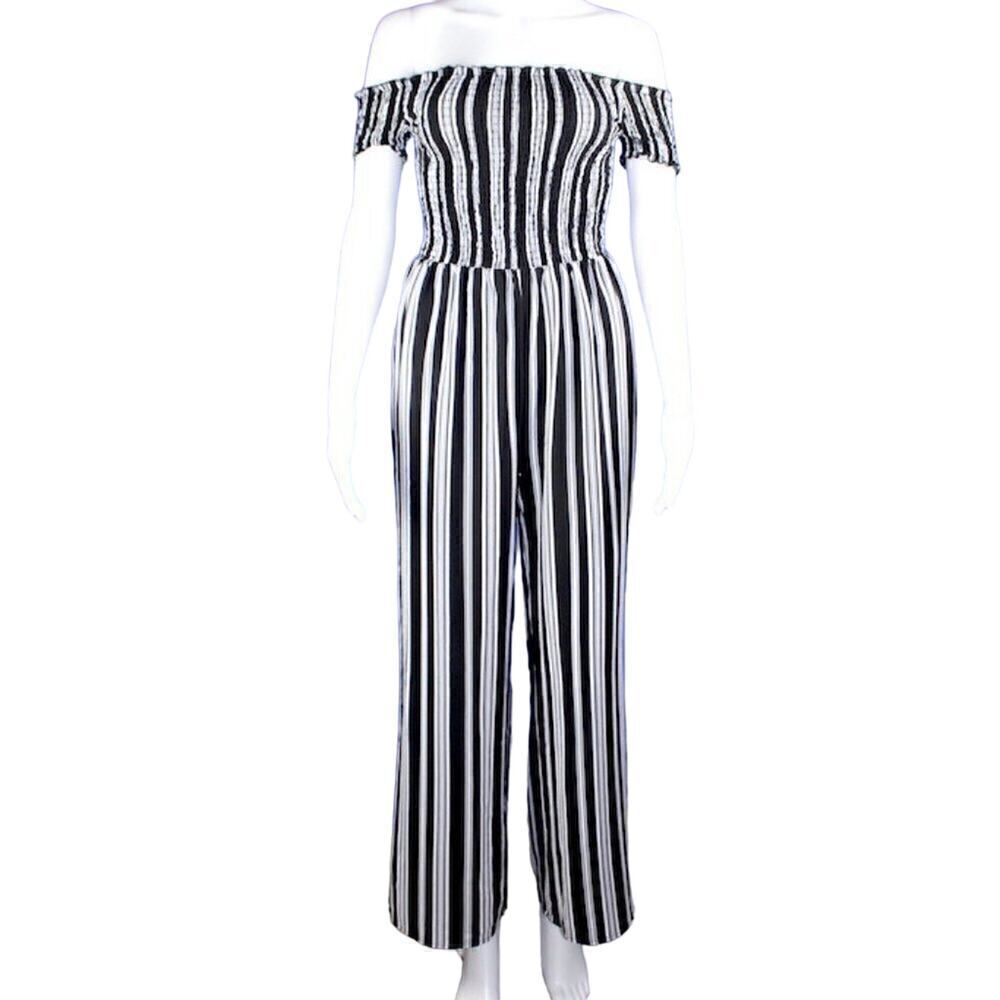 Blue Rain Off Shoulder Smocked Striped Jumpsuit XXS Black White Wide Leg